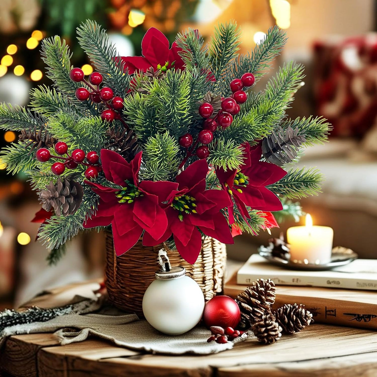 4 Stück Künstliche Poinsettien & Tannenzweige mit Roten Beeren Zapfen – Weihnachtsdekoration