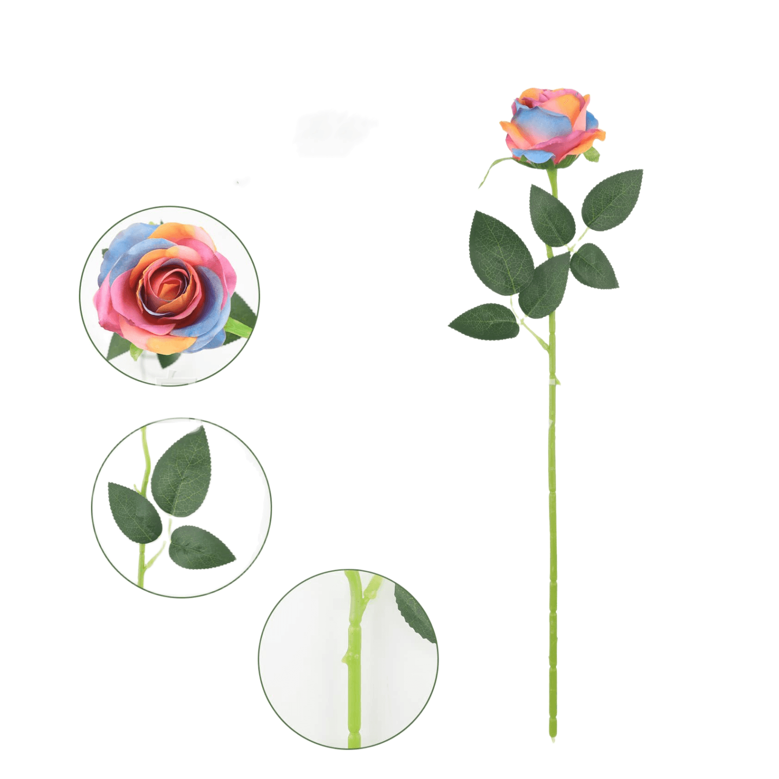 Regenbogen Rose 50 cm, Kunstrose aus Seide in täuschend echter Optik, bunte Stielblume für Hochzeitsdeko, Gestecke, Vase, langlebig