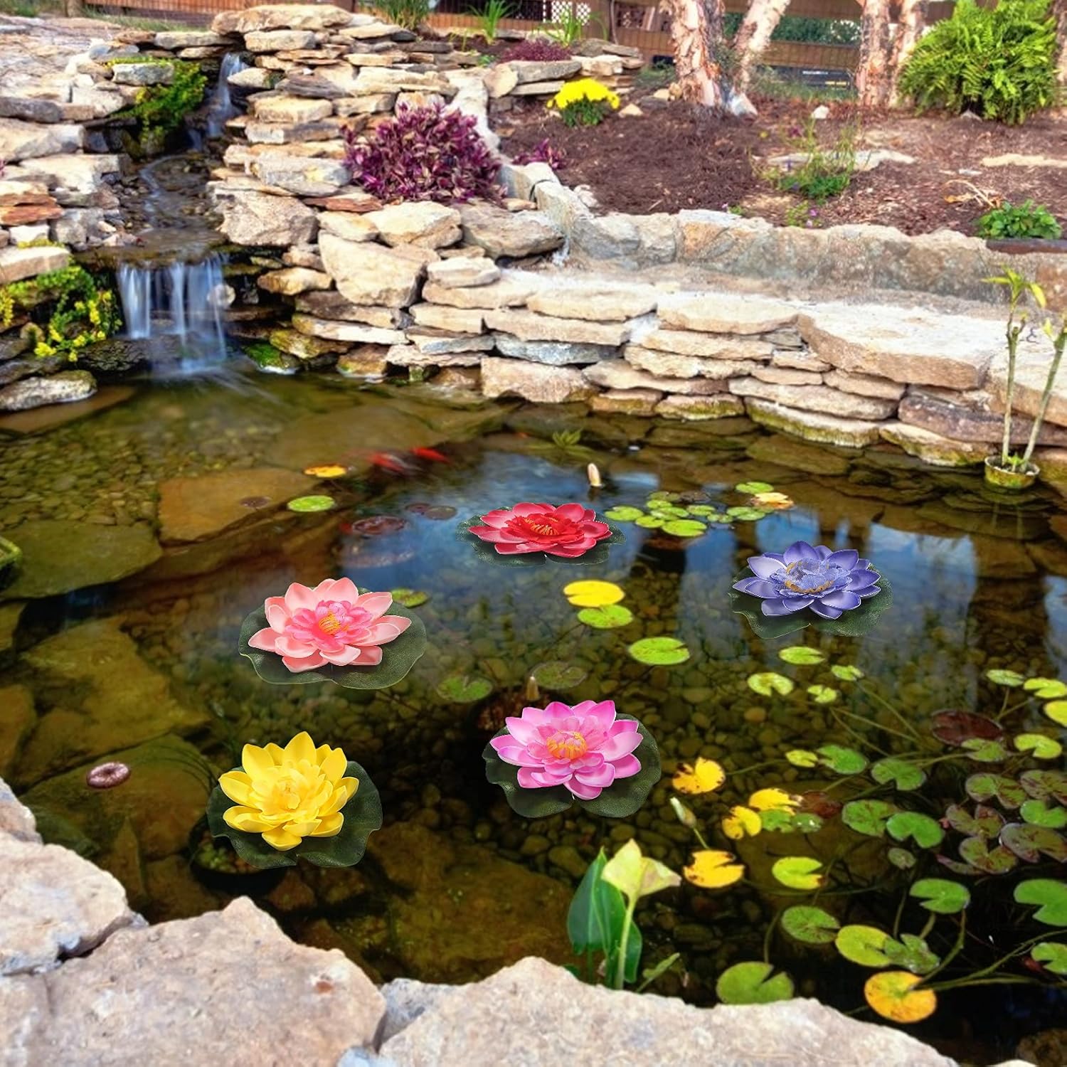 Künstliche schwimmende Seerosen & Lotusblüten – Wasserlilien, Teichdekoration, schwimmende Blumen für Gartenteich