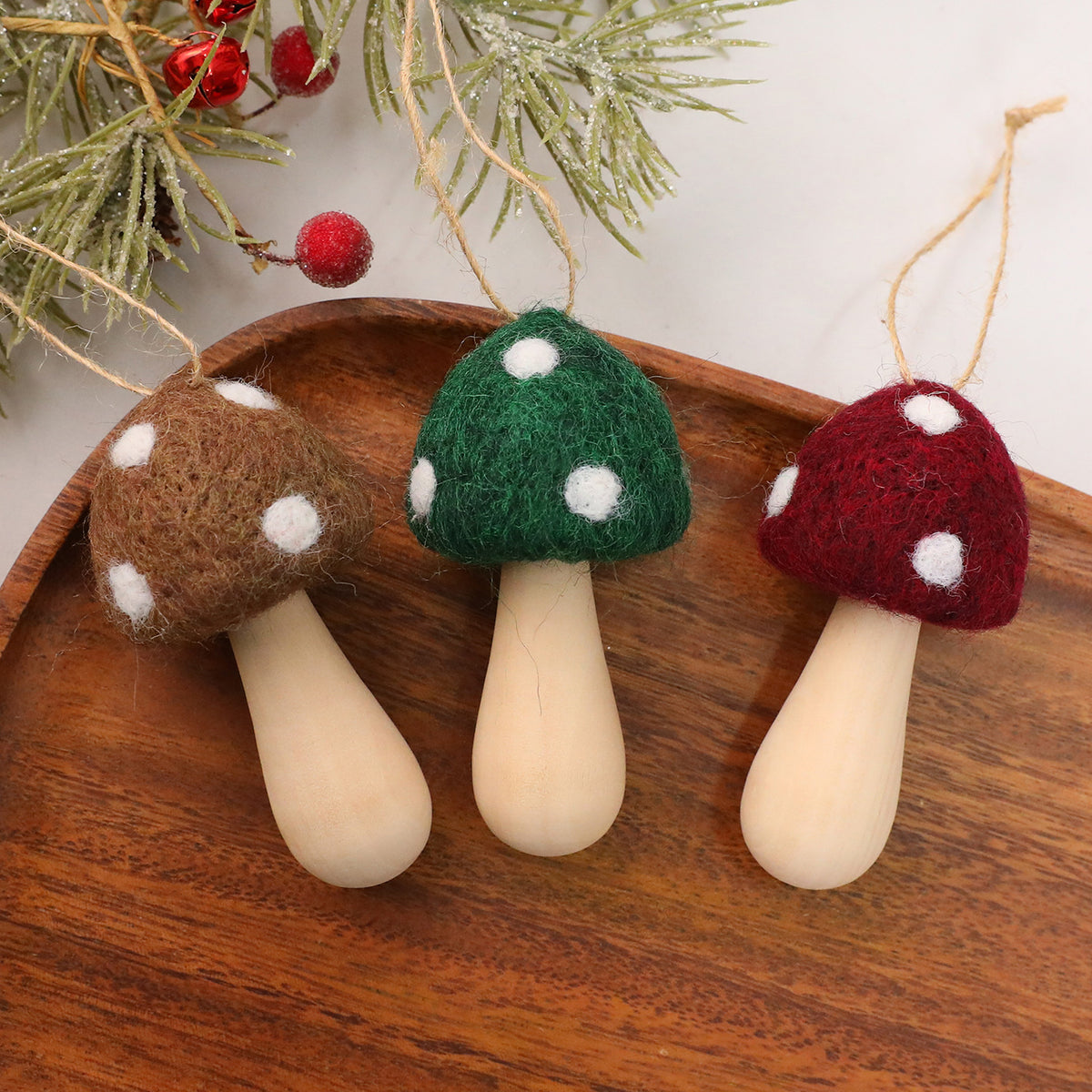 3 Stück Handgemachter Pilz-Weihnachtsbaumanhänger – von nepalesischen Kunsthandwerkern gefertigt