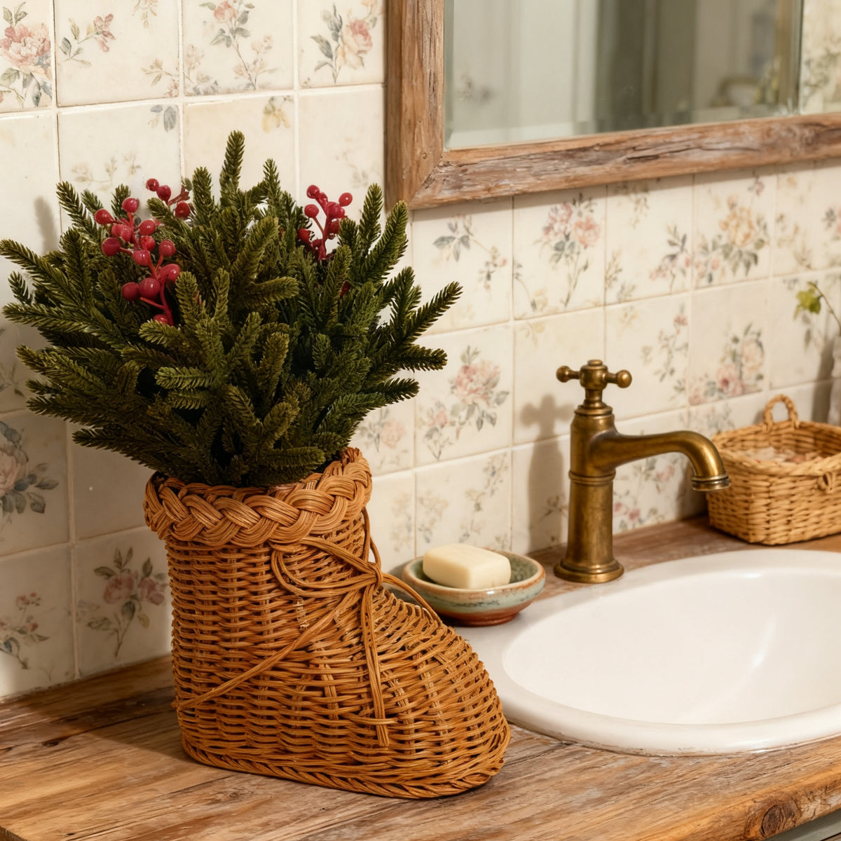 40 cm ünstliche Norfolk-Kieferntriebe mit roten Beeren in einer geflochtenen Rattan-Vase mit Füßen – Weihnachtsdekorationen