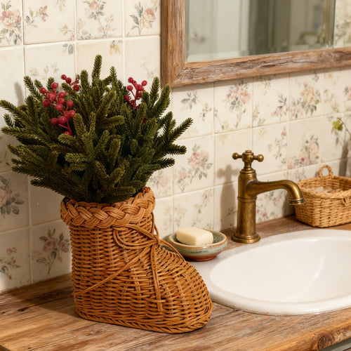 40 cm ünstliche Norfolk-Kieferntriebe mit roten Beeren in einer geflochtenen Rattan-Vase mit Füßen – Weihnachtsdekorationen