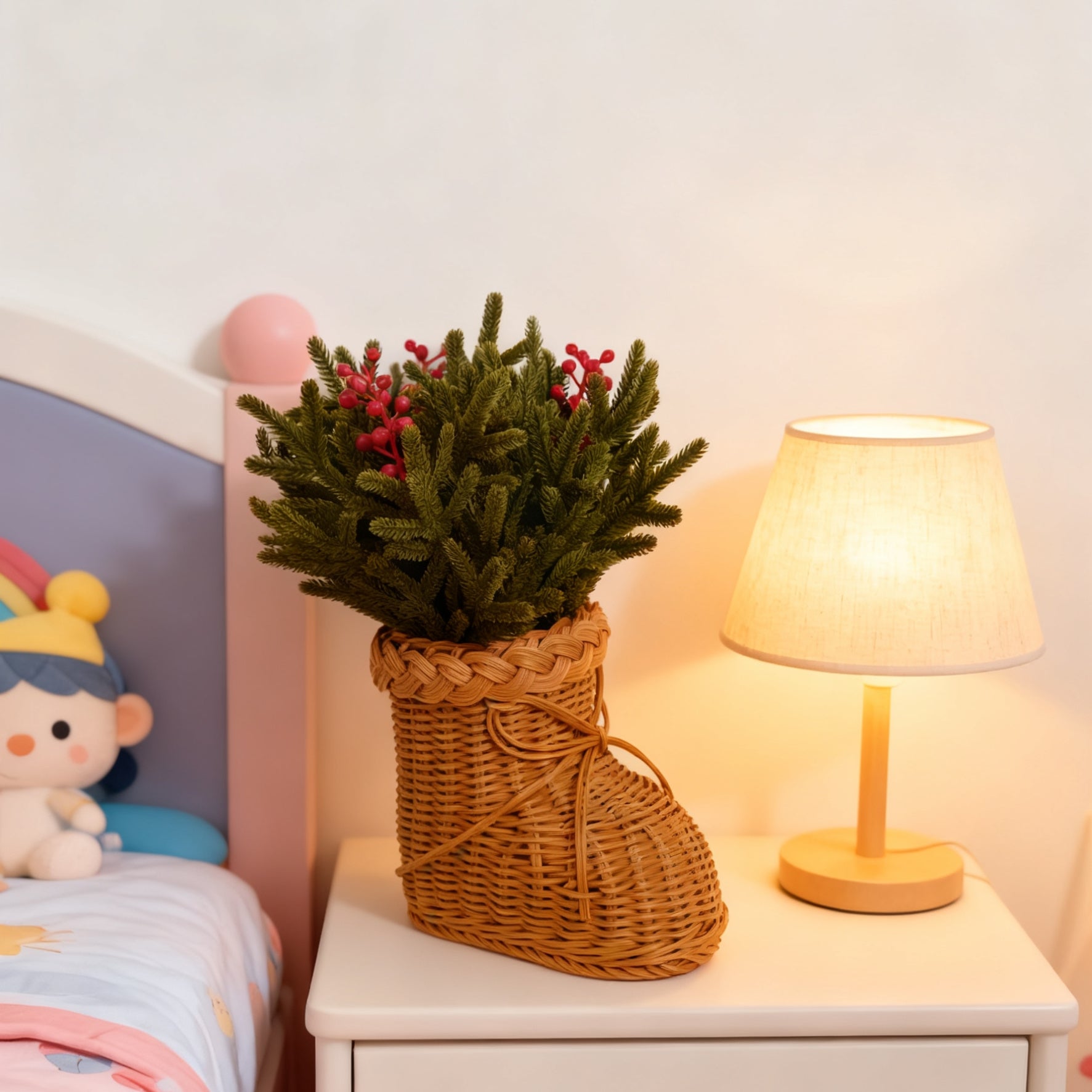 40 cm ünstliche Norfolk-Kieferntriebe mit roten Beeren in einer geflochtenen Rattan-Vase mit Füßen – Weihnachtsdekorationen
