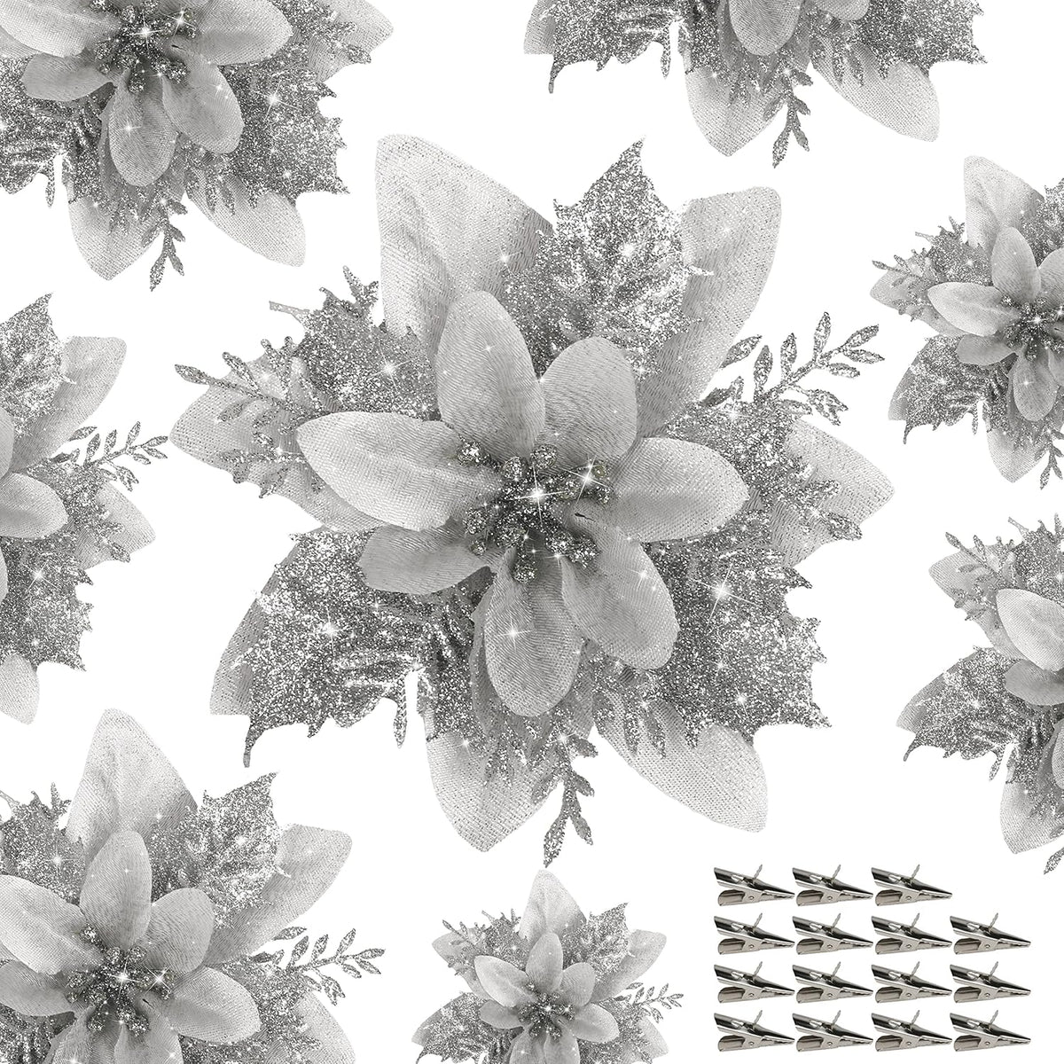 18 Stück Künstliche Poinsettien mit Klammern – Weihnachtsdekoration