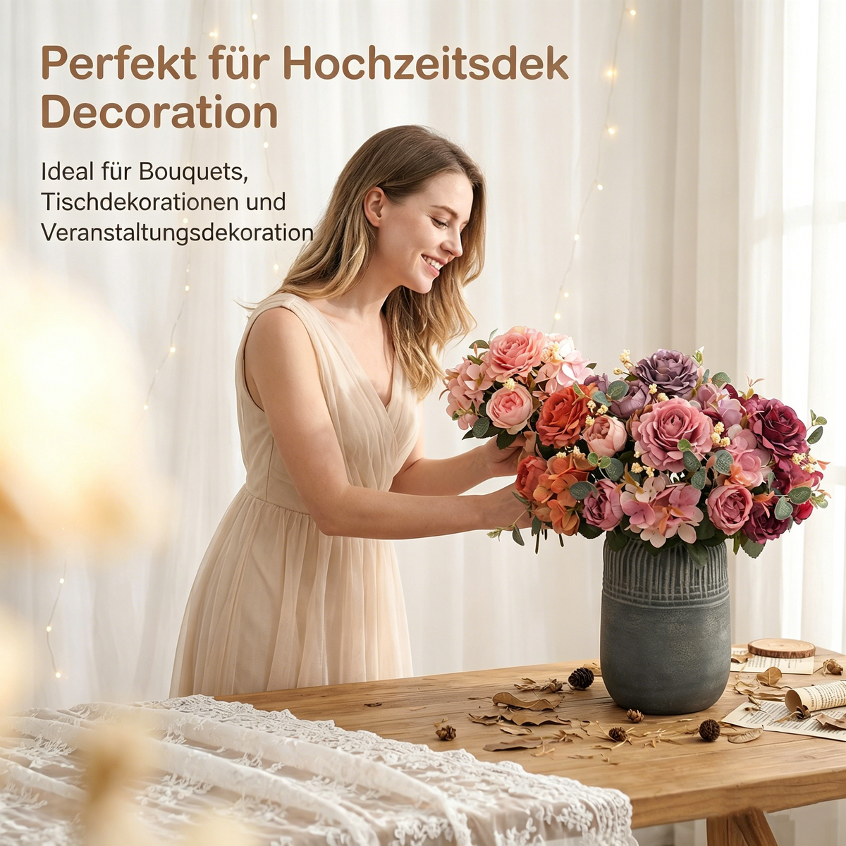30 cm Künstlicher Pfingstrosen-Brautstrauß Hochzeits-Blumenbusch mit Hortensien