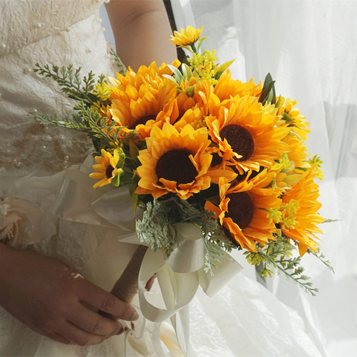 Lebendiger Sonnenblumen Brautstrauß aus Kunstblumen, Perfekt für Outdoor-Hochzeiten, Wiederverwendbar & Stilvoll