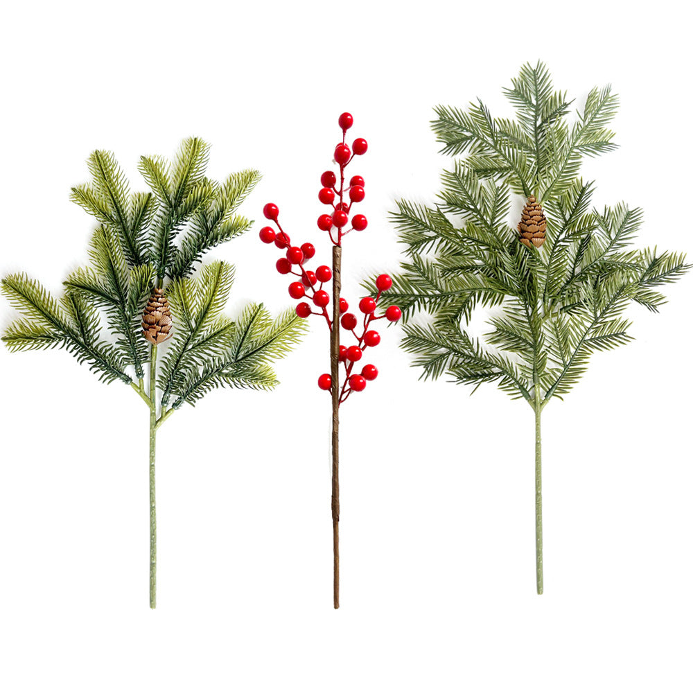 Künstliche Roten Beeren, Kiefernnadeln und Zypressenzweige, Einzelzweig mit Kunststoff, biegbar, für Weihnachtsdeko, Floristik und Schaufenster