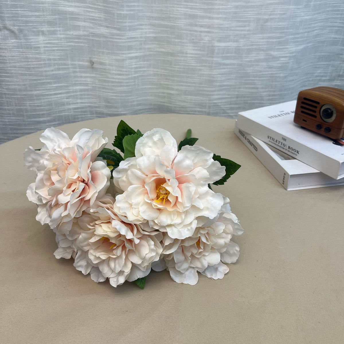 Künstliche Pfingstrosen-Blütenbusch mit 5 Blüten, Kunstseide-Stoff, 47 cm, Vintage-Stil, für Hochzeit, Zuhause und Feiertage
