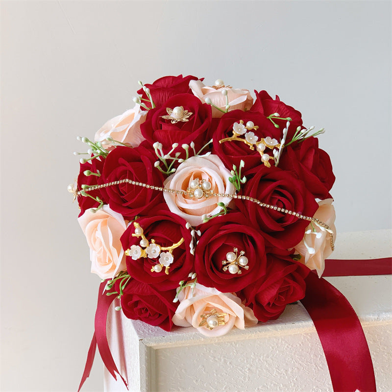 Hochzeits-Brautstrauß künstliche Rosen, 18 Blüten, 30 cm hoch, Seidenblumen für Innen- und Außenbereich