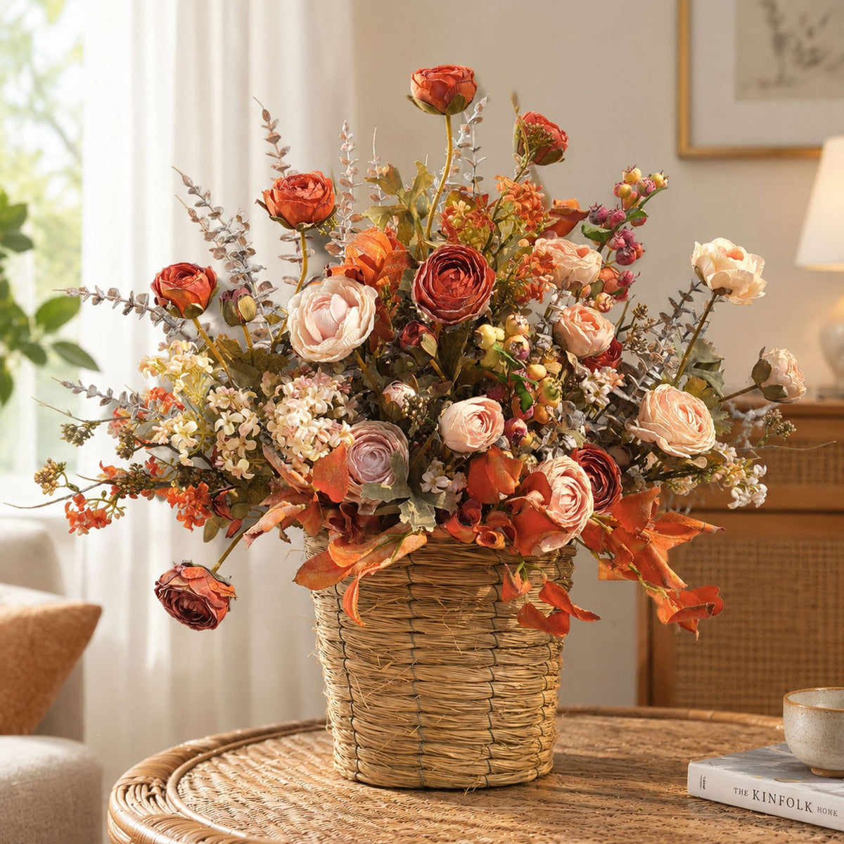 Künstlicher Anemonenstrauß, Kunstblumen im Vintage-Stil mit 5 Blüten, Kunstseide-Optik, für Herbst- und Winterdeko