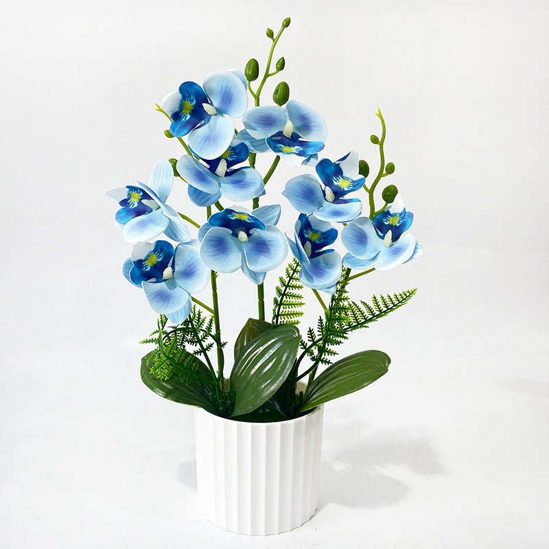 Künstlicher Orchideenstrauß mit 9 Blüten, 31,5 cm hoch inklusive Pflanzgefäß, für Hochzeiten, Innenräume und Dekoration