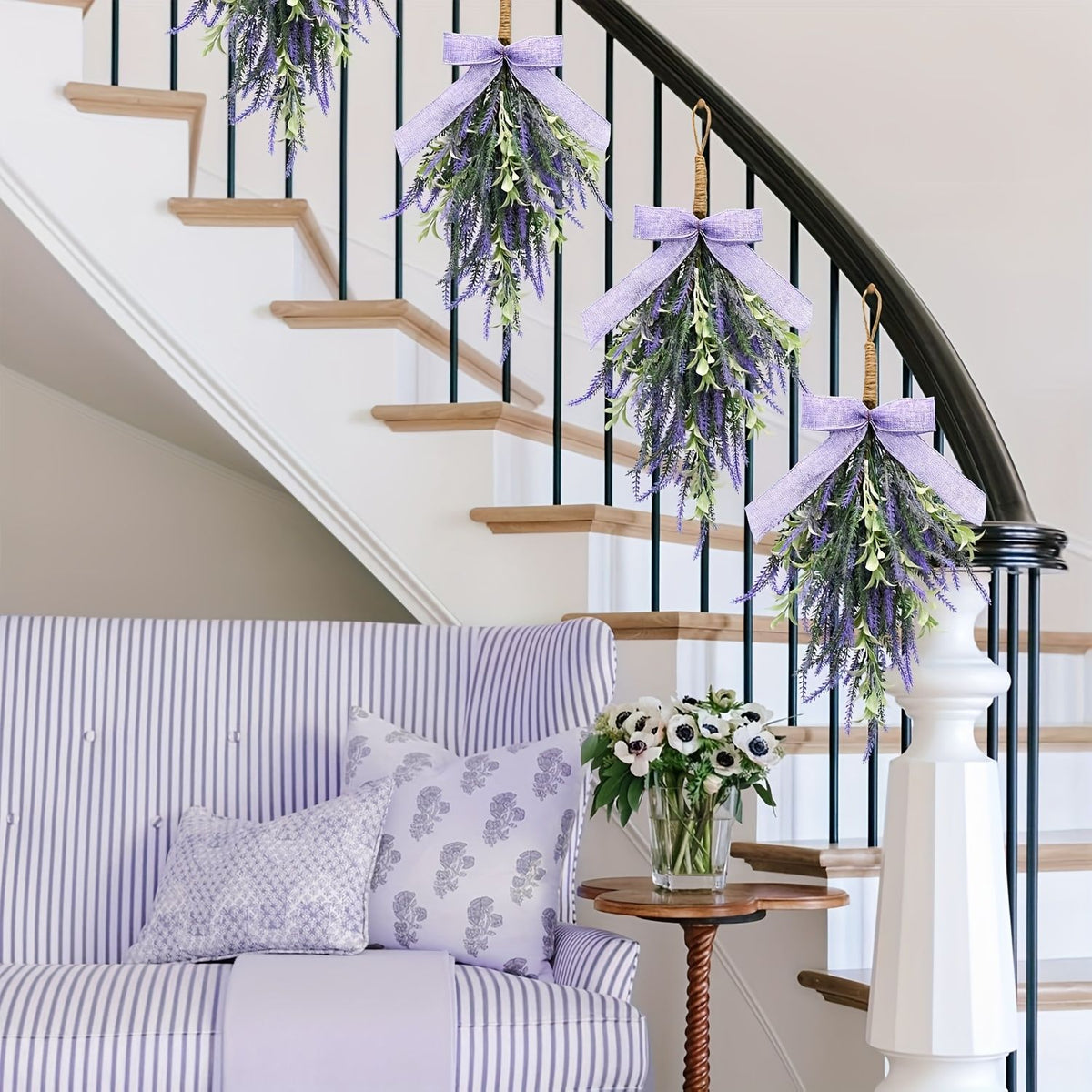 Künstlicher Lavendel mit Schleife, Wandbehang für Tür, Kunststoff (PE/PVC), Kunstblumen in Lila, für Zuhause, Schaufenster und Hotel