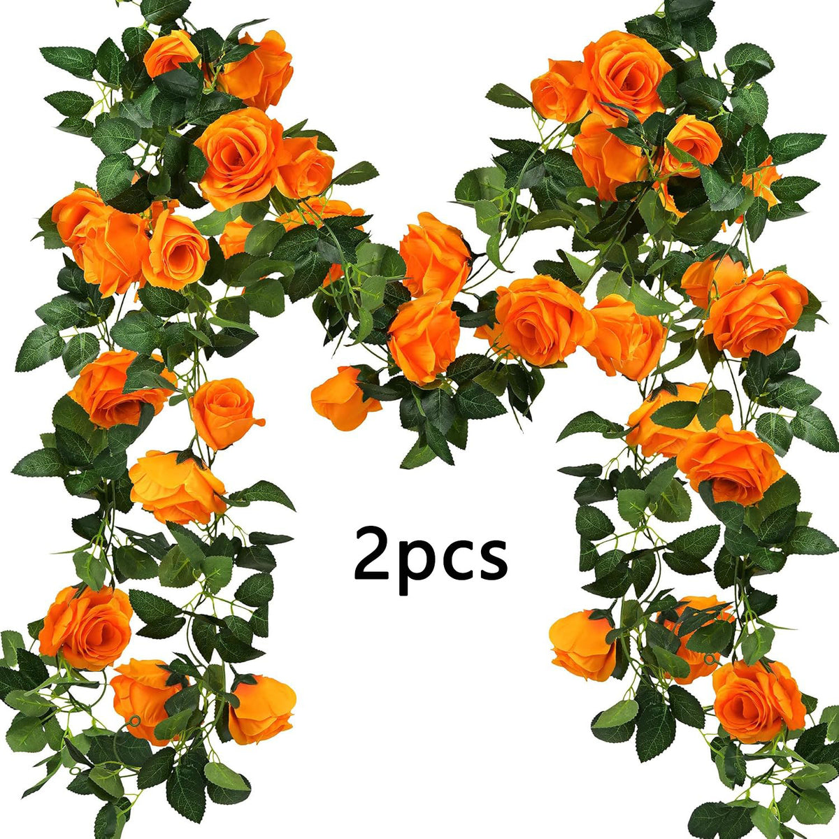 Rosengirlande Orange, 2 Stück, Kunstblumen-Ranke aus Stoff, 200 cm lang, mit Lichterkette, Halloween & Herbstdeko