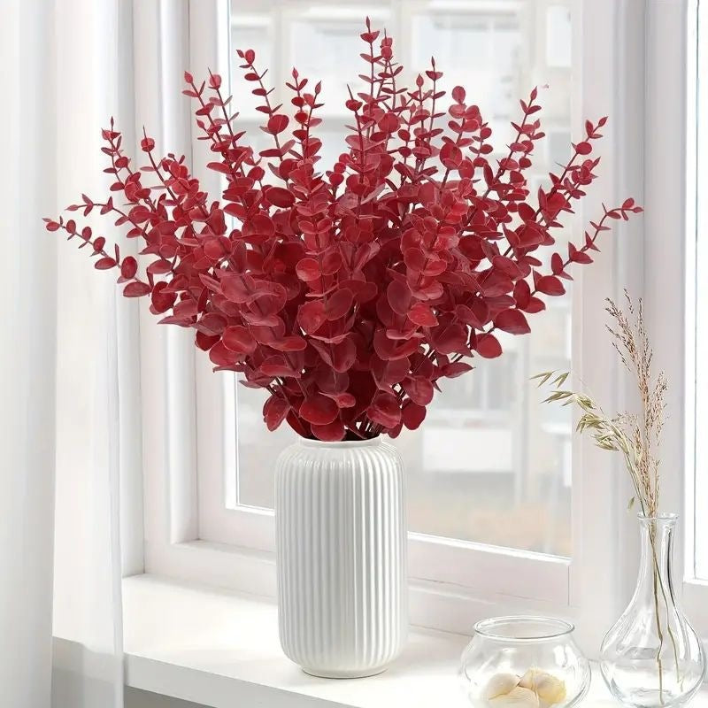 Künstlicher Eukalyptus, rot, Einzelzweig im 50er-Pack, Kunstblume für Hochzeit, Deko und Gewerbe