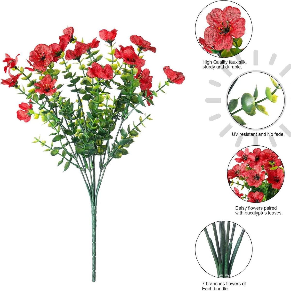 Kunstblumen Veilchen-Bündel mit Eukalyptus, 7 Zweige, 21 Blüten, Stoff, 35 cm, für Hochzeit, Schaufenster und Zuhause
