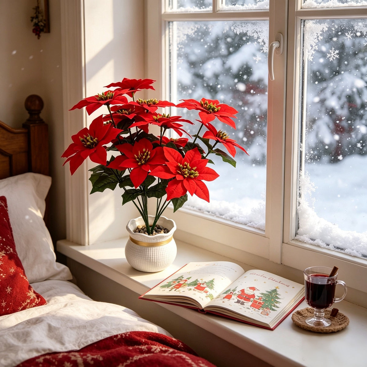 Künstliche Weihnachtsstern-Pflanze, 39 cm hoch mit 5 Blüten, für Hochzeiten, Geschäftsräume und festliche Dekoration