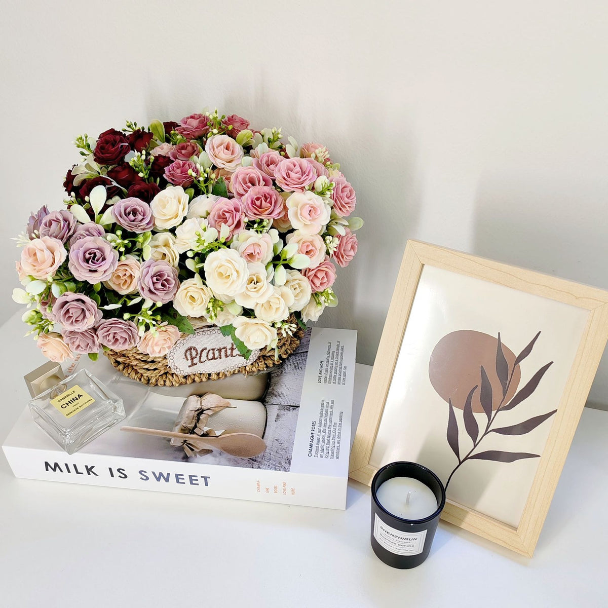 Künstliche Rose, Strauß mit 15 Blüten, 30 cm hoch, Seidenstoff, für Hochzeiten und Innendekoration