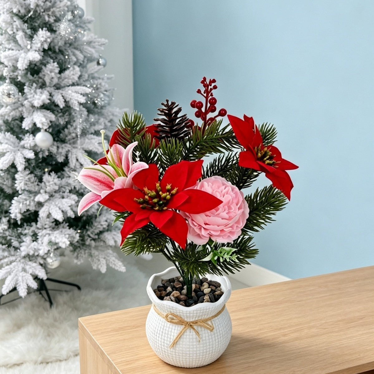 Künstliche Weihnachtssterne, Busch mit 30 cm Höhe, aus PVC und Seidenstoff, für Hochzeiten, Innenräume und Gewerbe