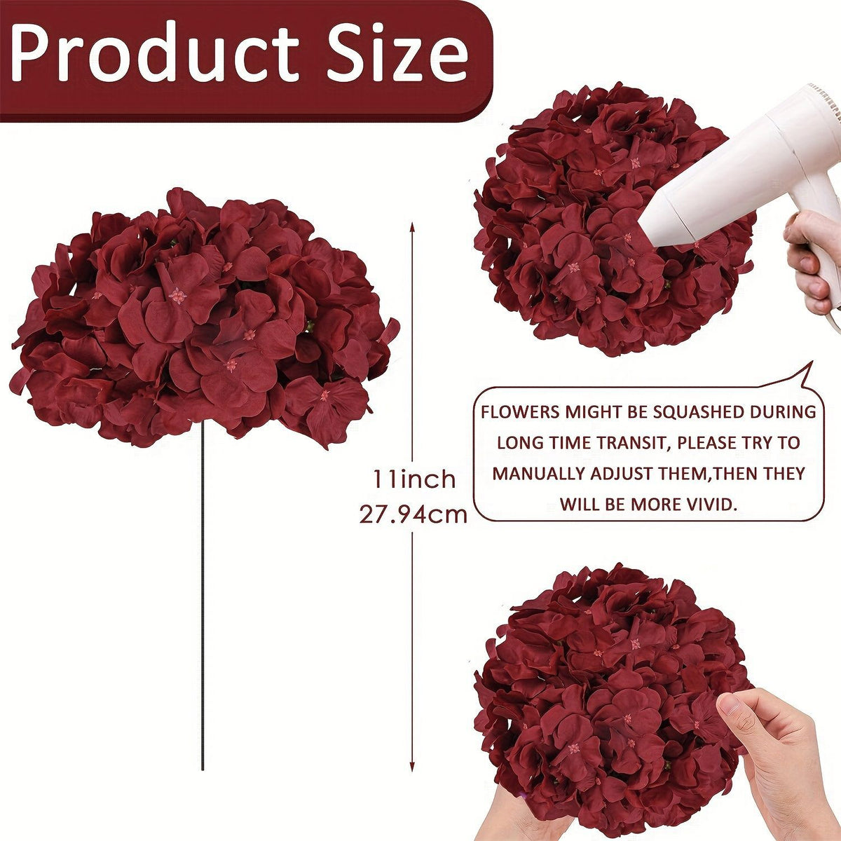 10er Pack künstliche Hortensien-Blüten, 28 cm, weinrot, aus Seidenstoff für Hochzeitsdeko und Inneneinrichtung