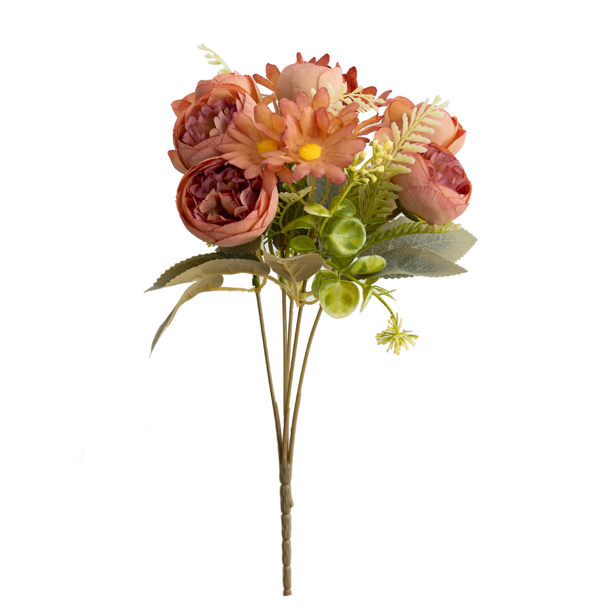 Künstliche Pfingstrosen mit Gänseblümchen, Bouquet mit 14 Blüten, 30 cm hoch, retro Stil, aus Seidenstoff