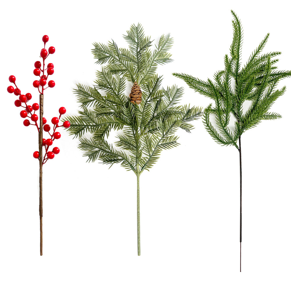 Künstliche Roten Beeren, Kiefernnadeln und Zypressenzweige, Einzelzweig mit Kunststoff, biegbar, für Weihnachtsdeko, Floristik und Schaufenster