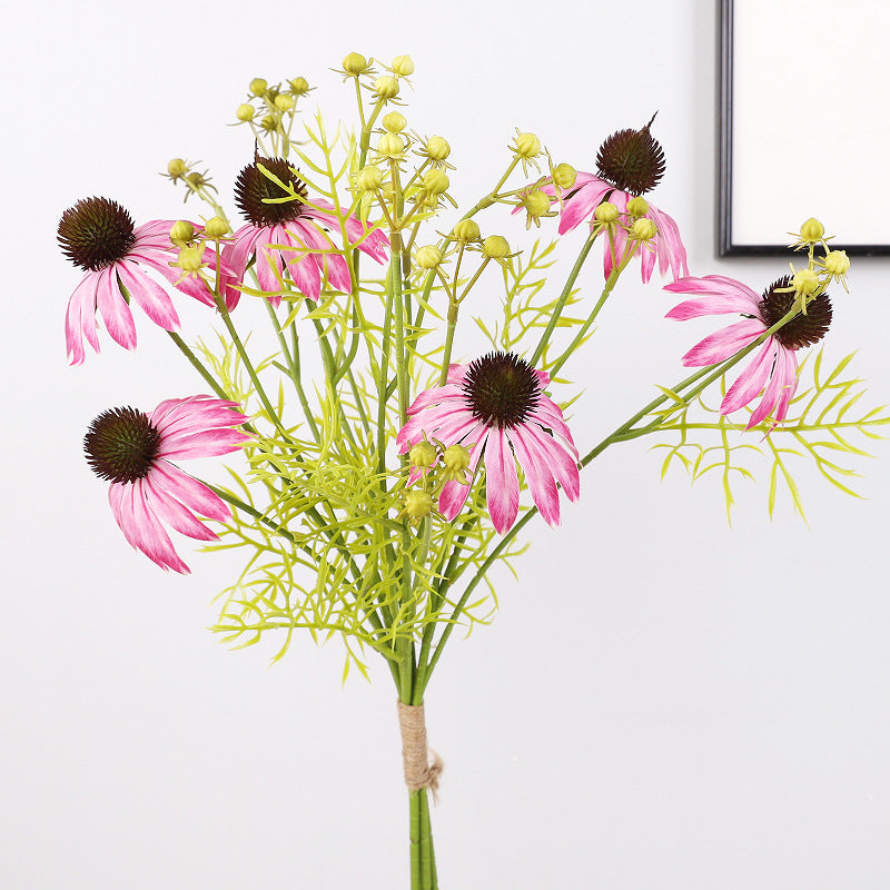 Künstlicher Sonnenhut Blumenstrauß, 4 Stiele mit 6 Blüten, Seidenstoff-Optik, für Hochzeit, Hotel, Schaufenster und Zuhause