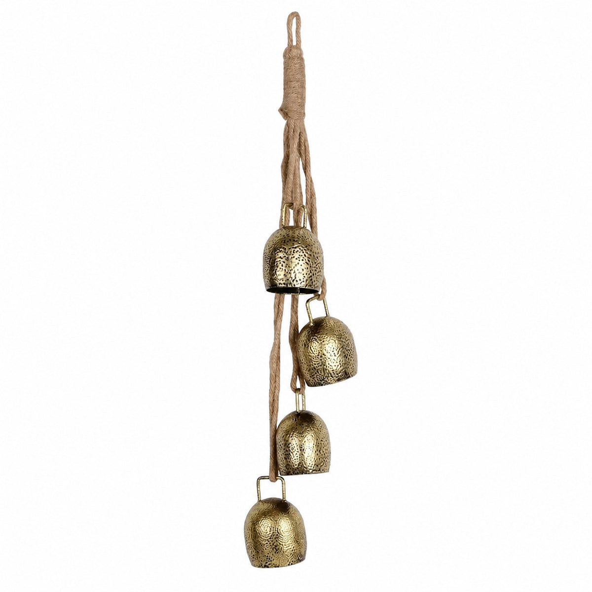 Weihnachtsglocken Anhänger, 4 Metallglöckchen am Juteband, Gold, Gesamtlänge 39 cm, Weihnachtsdeko im Vintage-Stil