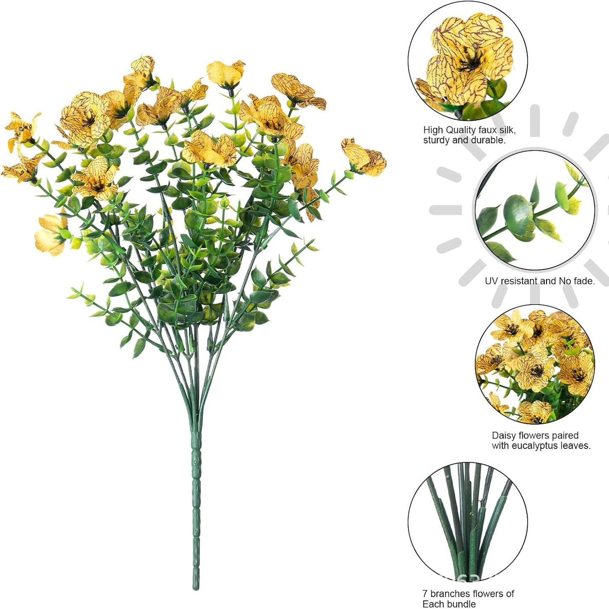 Kunstblumen Veilchen-Bündel mit Eukalyptus, 7 Zweige, 21 Blüten, Stoff, 35 cm, für Hochzeit, Schaufenster und Zuhause