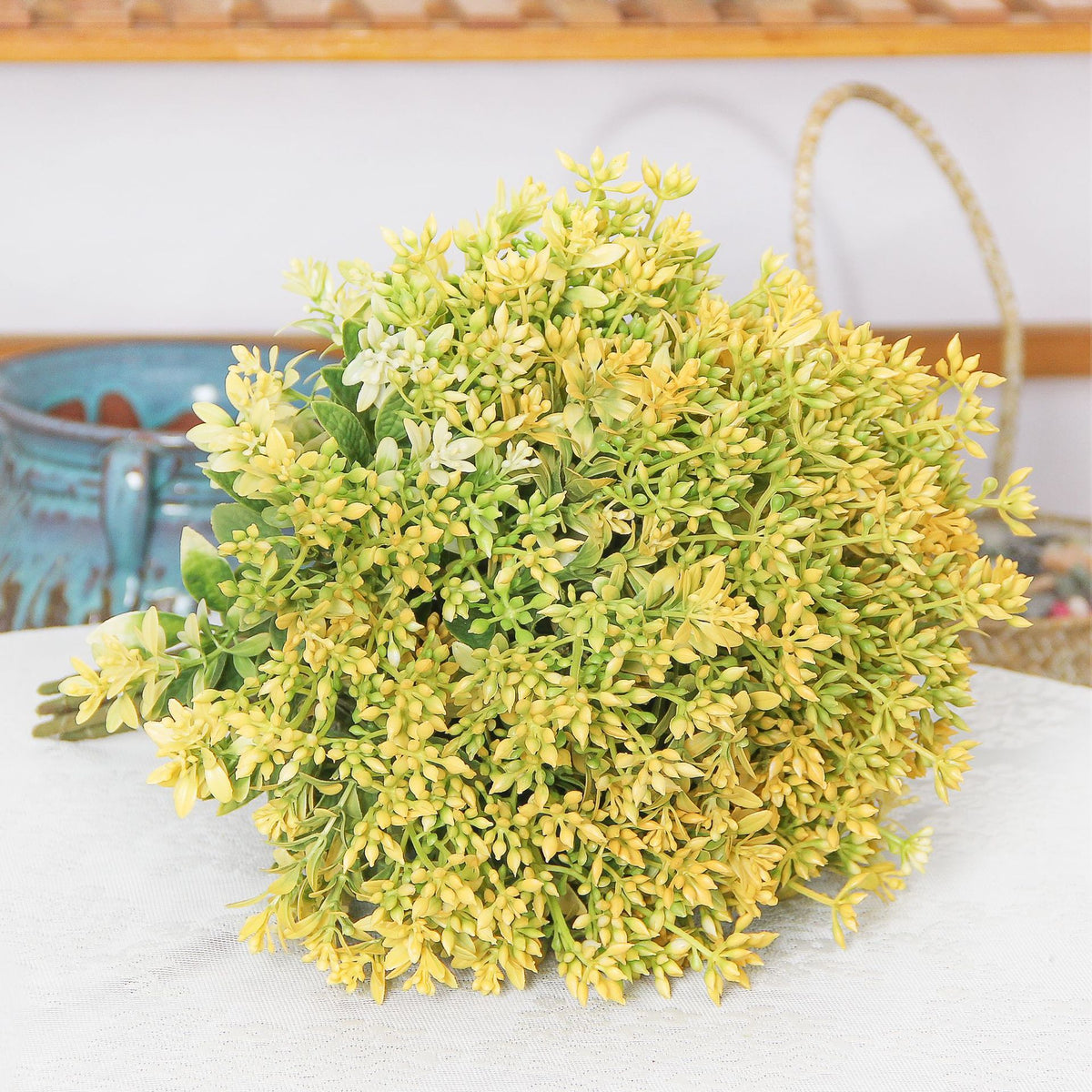 Kunstpflanze Kalanchoe-Busch, 15 Blütenköpfe, 35 cm, Kunststoff, für Hotel, Hochzeit, Wohnraum und Schaufenster