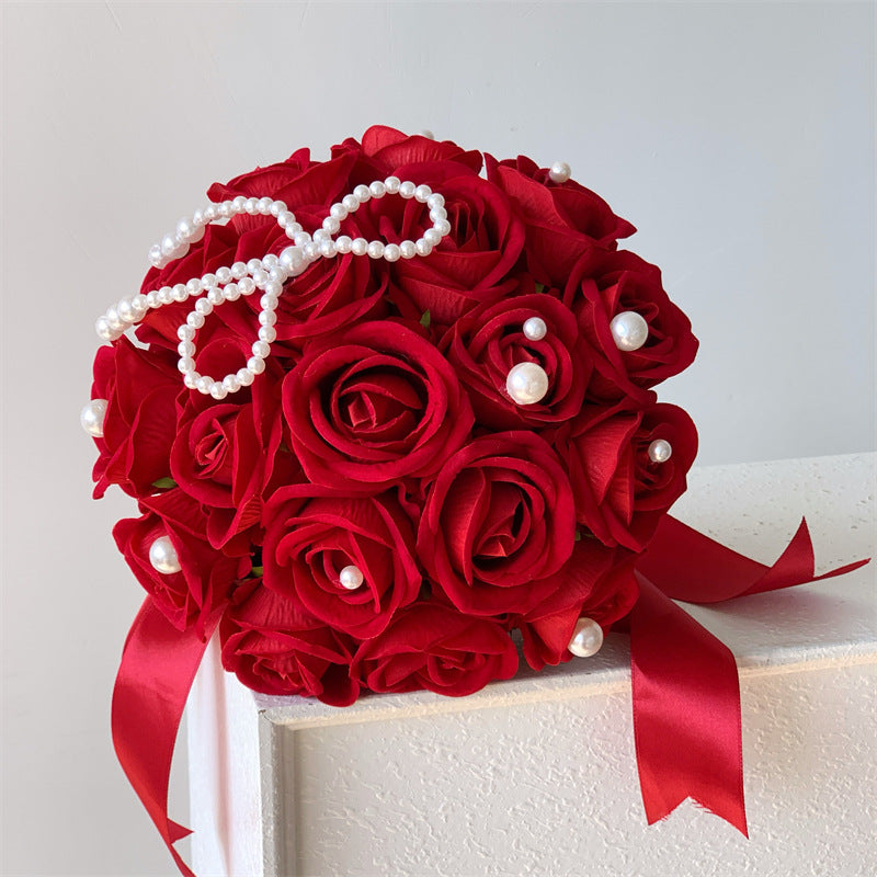 Hochzeits-Brautstrauß künstliche Rosen, 18 Blüten, 30 cm hoch, Seidenblumen für Innen- und Außenbereich