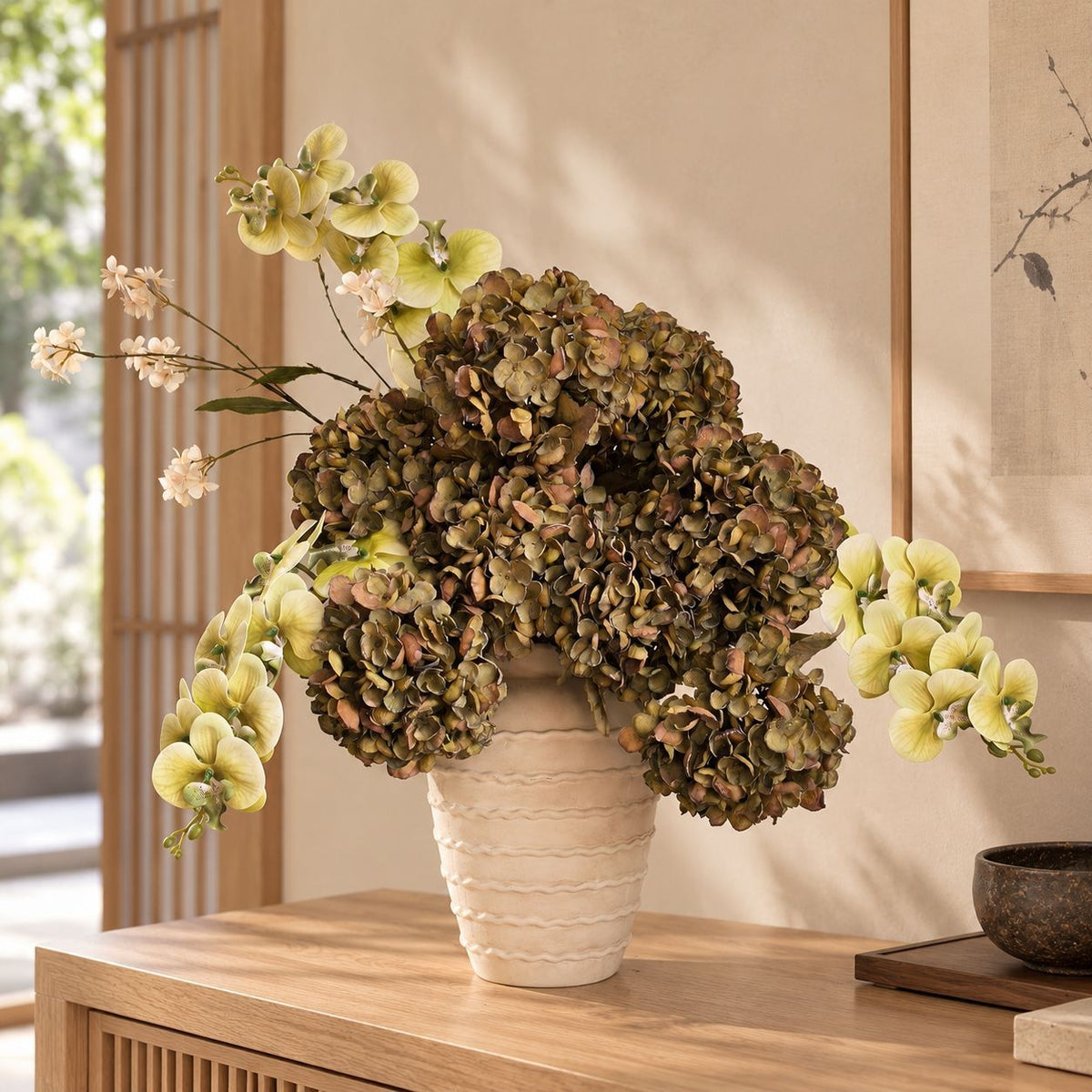Künstliche Hortensie Einzelstiel, Vintage-Stil, Kunstseide, 1 Blüte, Kunstblume für Vitrine, Wohnraum und Festdekoration