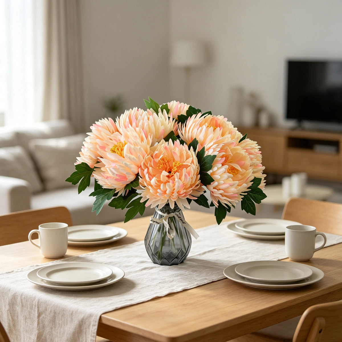 Künstliche Chrysantheme, einzelner Stiel mit 1 Blüte, 34 cm hoch, Seidenstoff, für Innen- und Außendekoration