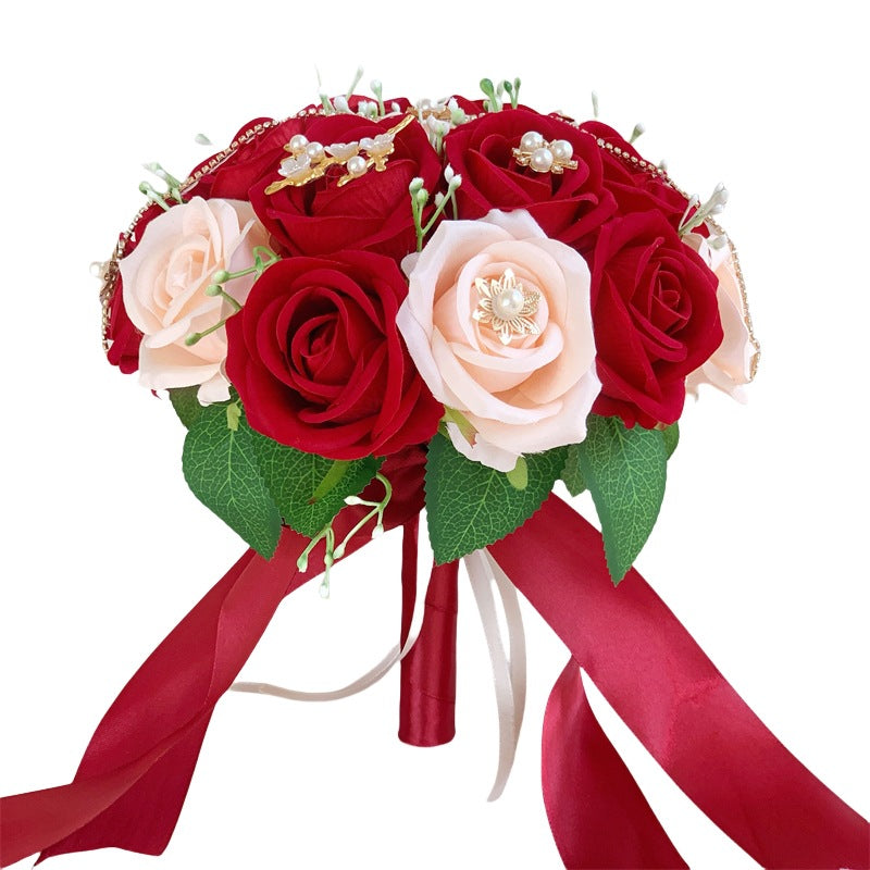 Hochzeits-Brautstrauß künstliche Rosen, 18 Blüten, 30 cm hoch, Seidenblumen für Innen- und Außenbereich