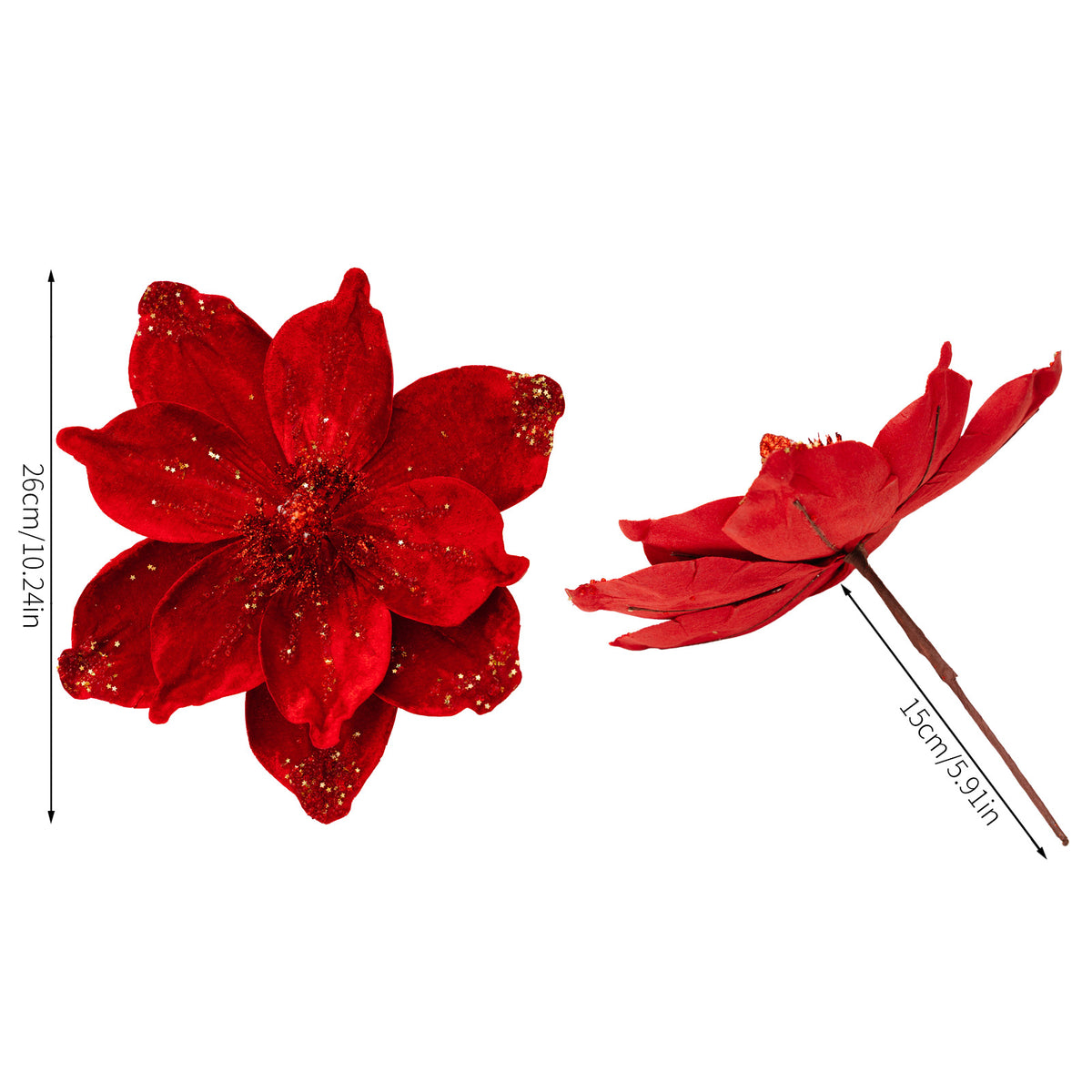 Künstliche Magnolie Weihnachtsblume, Einzelstiel mit 1 Blüte aus Samtstoff, Goldglitzer, für Weihnachtsbaum, Hochzeit & Festdeko