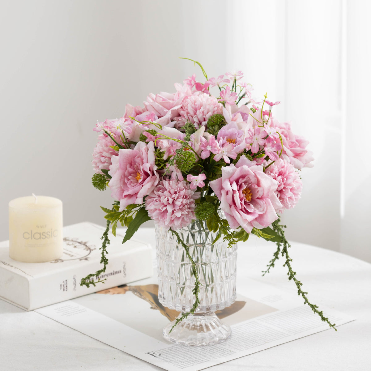 28 cm künstliche Rosenstrauß mit Chrysanthemen und Millet, Kunststoff, 5 Blüten, für Hochzeiten und Innendekoration