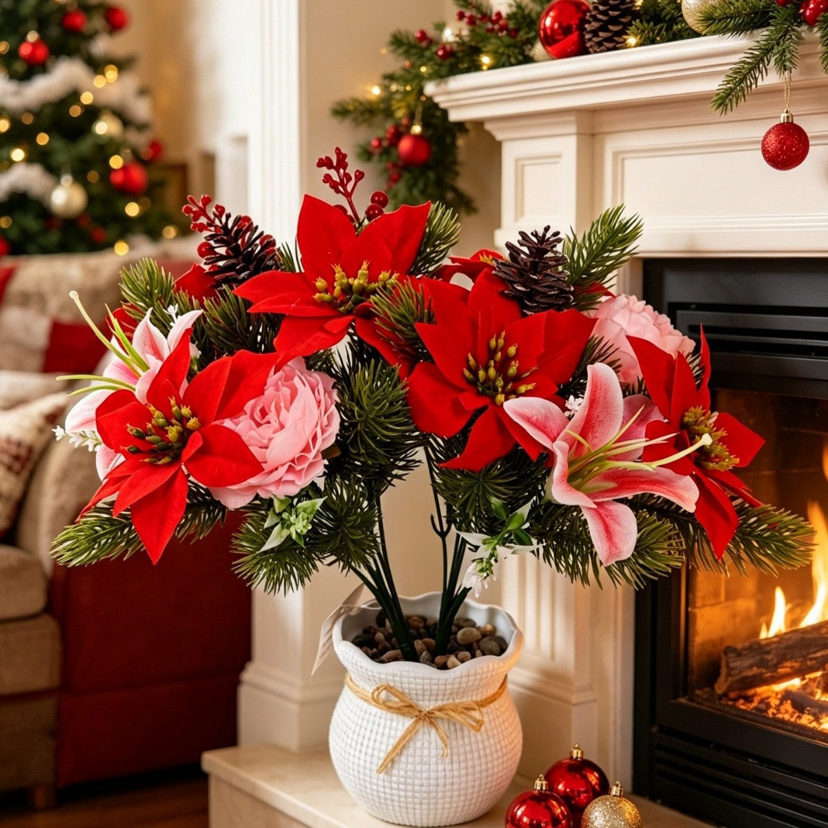 Künstliche Weihnachtssterne, Busch mit 30 cm Höhe, aus PVC und Seidenstoff, für Hochzeiten, Innenräume und Gewerbe