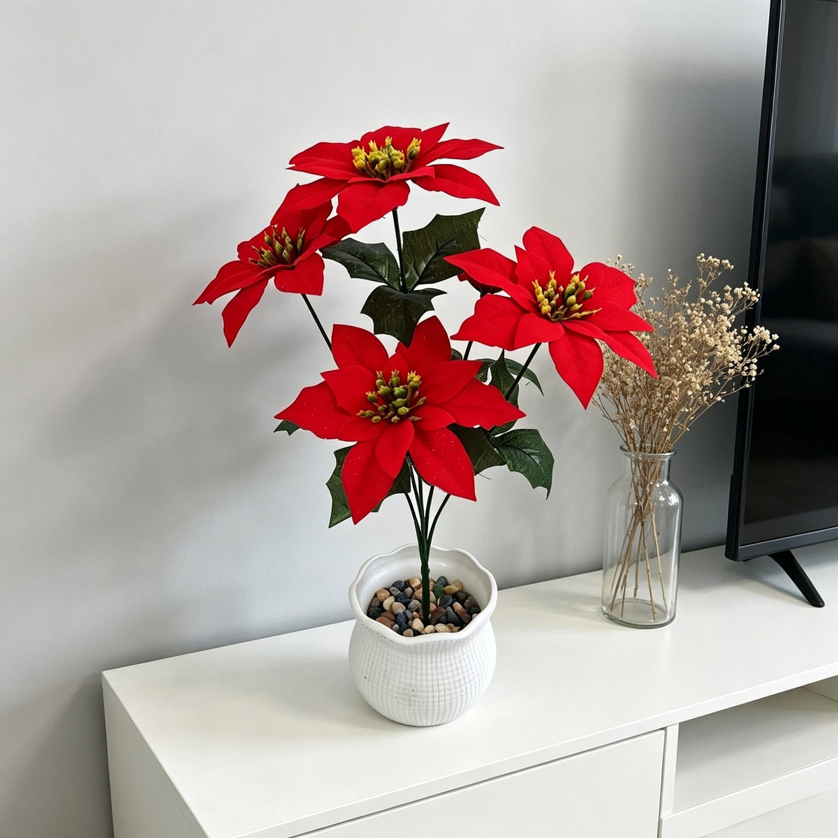 Künstliche Weihnachtsstern-Pflanze, 39 cm hoch mit 5 Blüten, für Hochzeiten, Geschäftsräume und festliche Dekoration