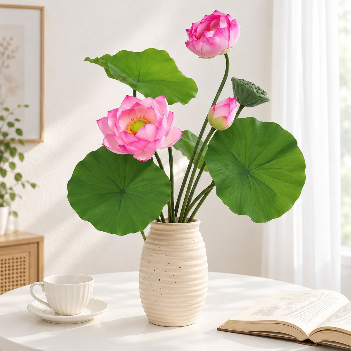 Künstliche Lotusblume mit Blättern und Samenkapsel, Bund mit 3 Blüten, PU, für Hochzeit, Hotel und Schaufenster