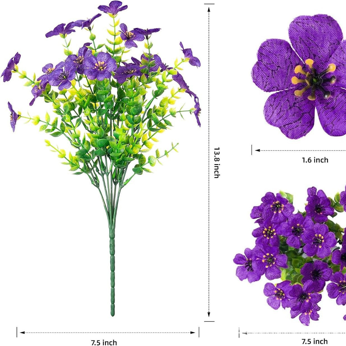 Kunstblumen Veilchen-Bündel mit Eukalyptus, 7 Zweige, 21 Blüten, Stoff, 35 cm, für Hochzeit, Schaufenster und Zuhause