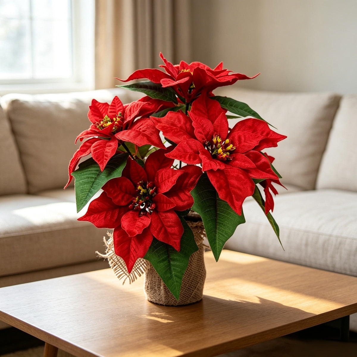 Künstliche Weihnachtsstern-Pflanze mit Topf, 34 cm, für Innen- und Außenbereich, langlebig und pflegeleicht