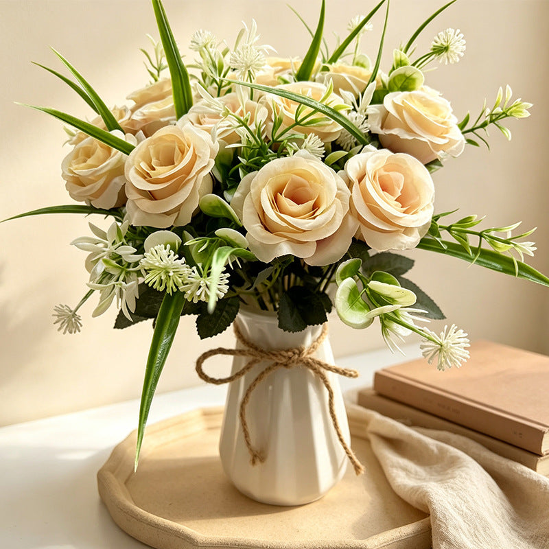Künstlicher Rosenstrauß mit 18 Blüten, 40 cm, modern-ländlich, für Hochzeit, Dekoration, Büro, Hotel