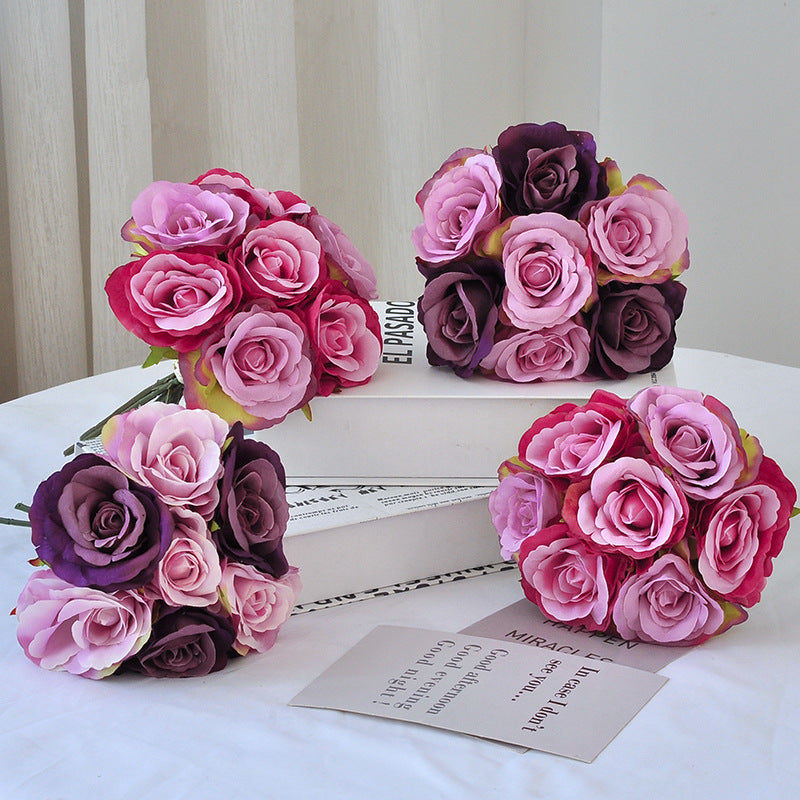 Rosenstrauß Kunstblumen, 7 Rosenblüten, Stoffblumen aus Polyester-Seidenstoff, Brautstrauß, Hochzeit & Deko