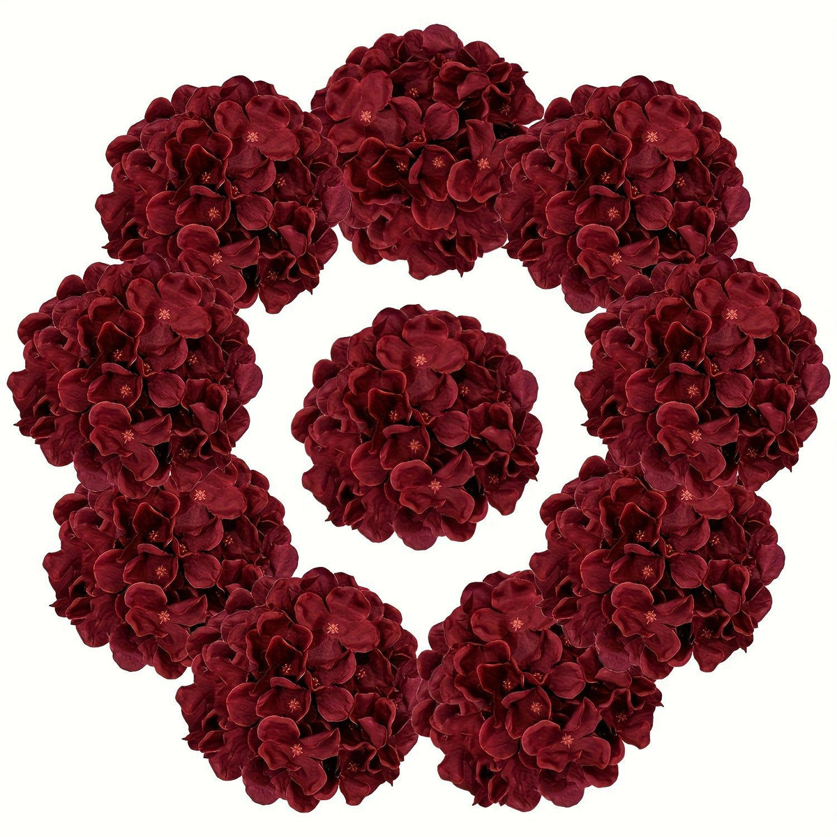 10er Pack künstliche Hortensien-Blüten, 28 cm, weinrot, aus Seidenstoff für Hochzeitsdeko und Inneneinrichtung