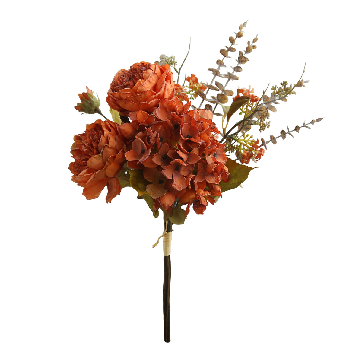 Kunstblumen Pfingstrosen-Hortensien-Bouquet, 3 Blütenköpfe, Kunstseide, Herbstfarben, für Wohnung, Büro und Schaufenster