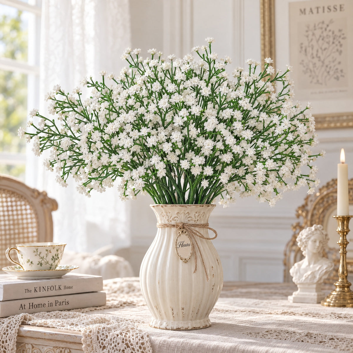 10er Set künstliche Gypsophila (Schleierkraut) Stiele – 27 cm, Silikon, Hochzeit Dekoration, Floristik, Innenraum, weiß & himmelblau