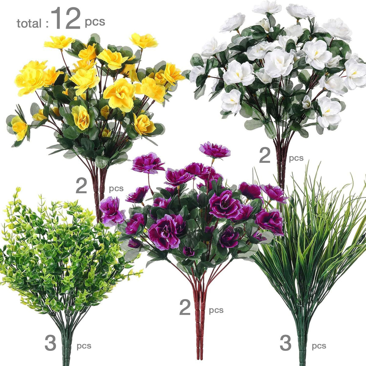 Kunstblumen Eukalyptus & Azalee mit Frühlingsgras, 12er-Pack Büschel, 38 cm, Kunststoff, für Hochzeit & Dekoration
