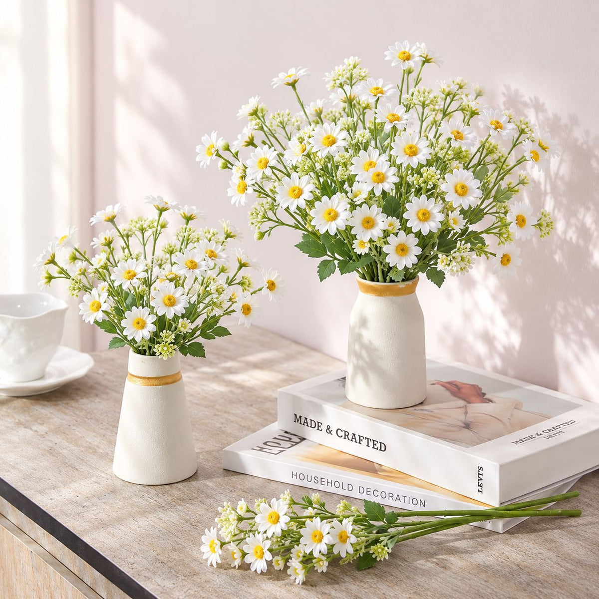 Künstliche Gänseblümchen-Pflanze, Kunstblumen-Busch mit mehreren Blütenköpfen, 35 cm, Mischmaterial, für Hochzeit und Gastronomie