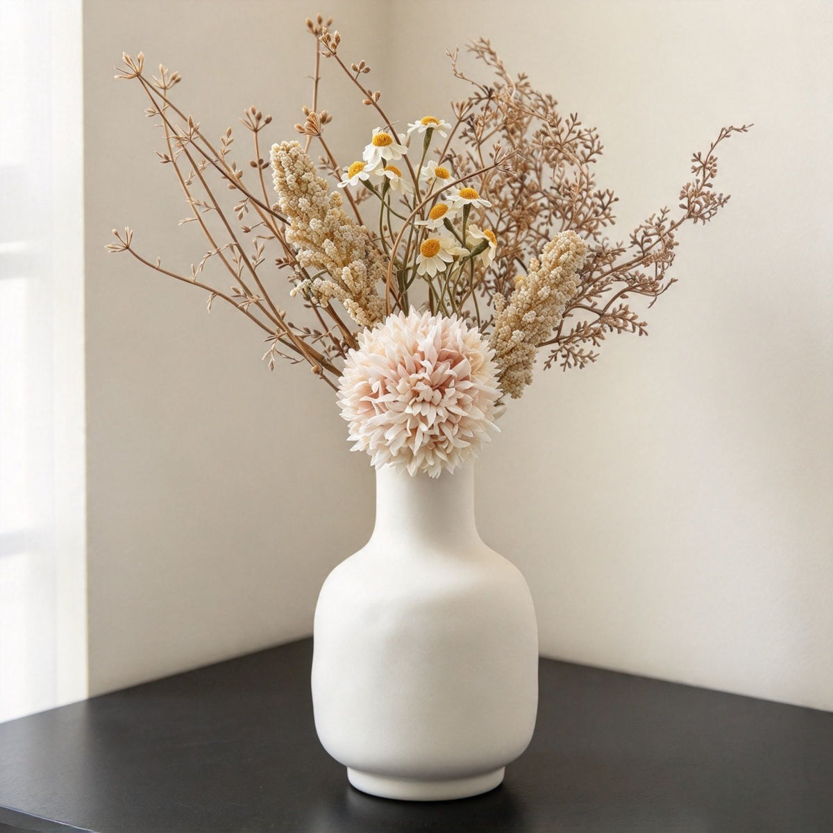 Künstliche Pusteblumen & Weizenähren Bouquet, Kunstblumen-Strauß aus Kunststoff, 35 cm, für Hochzeit, Dekoration und Gewerbe