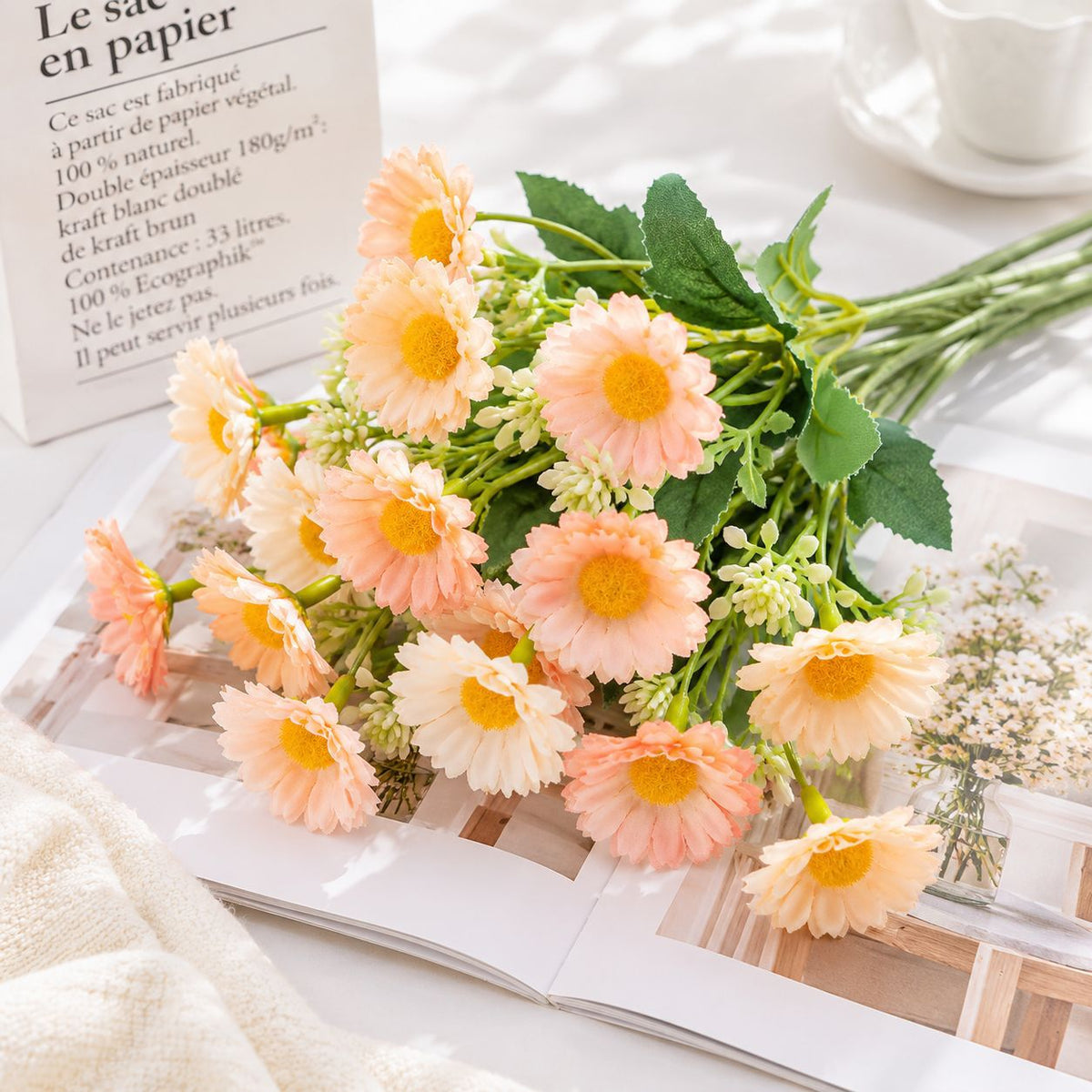 Künstliche Gänseblümchen-Pflanze, Kunstblumen-Busch mit mehreren Blütenköpfen, 35 cm, Mischmaterial, für Hochzeit und Gastronomie