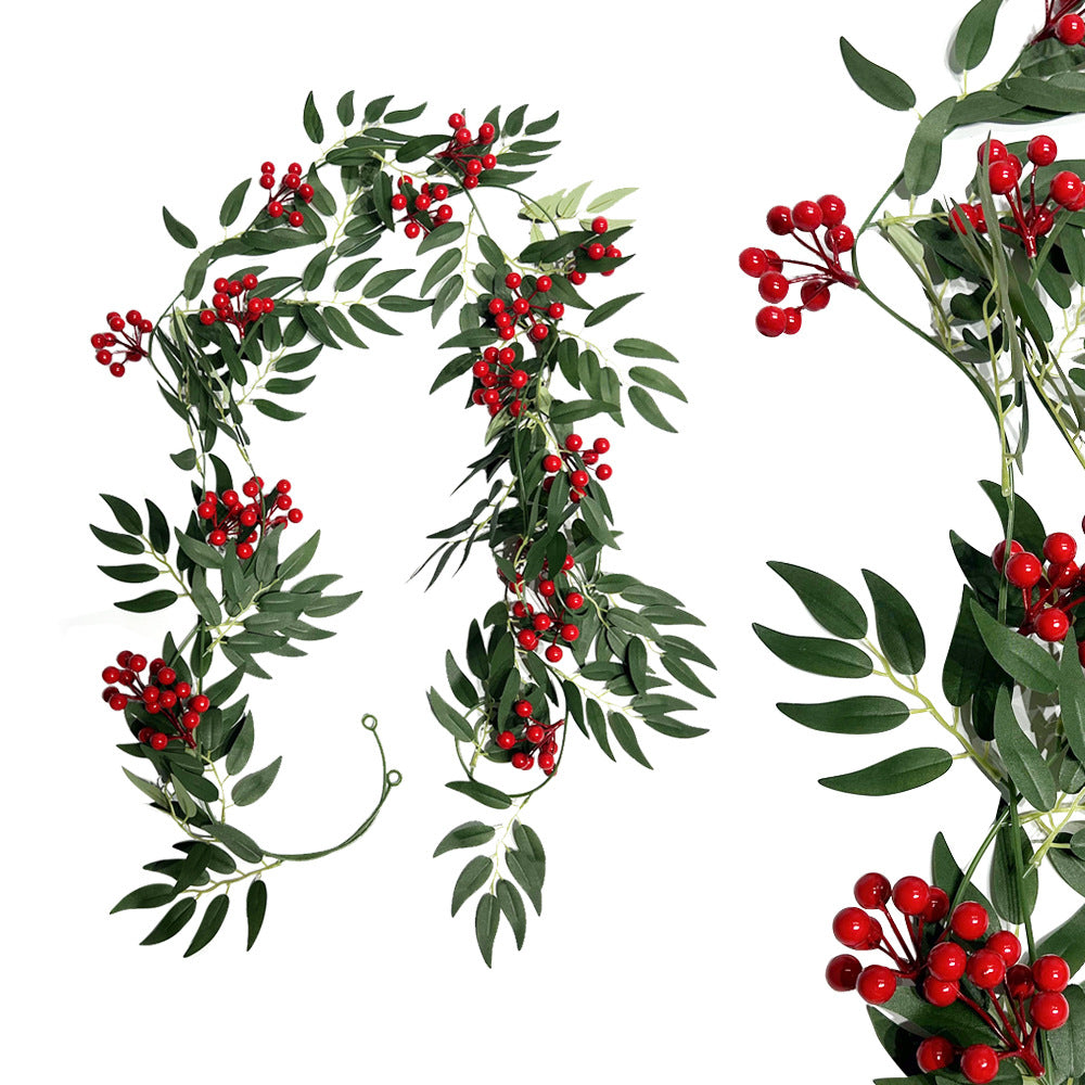 Künstliche Weidenblatt-Ranke mit roten Beeren, 2er-Set Girlande aus Kunstseide, Weihnachtsdeko für Tür, Haus und Schaufenster